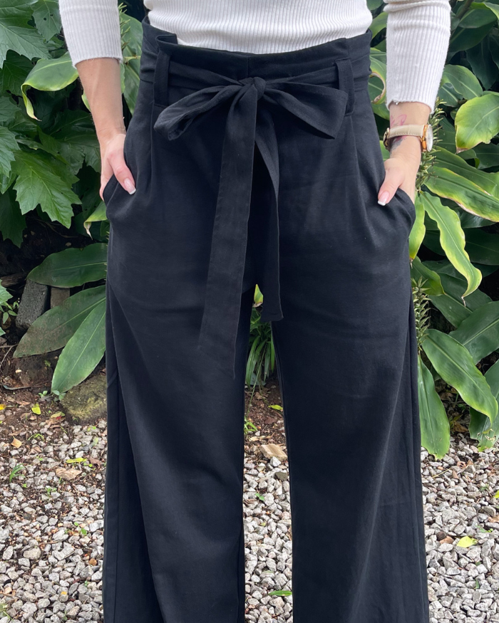 Linen Paperbag  Styled Pants - Black